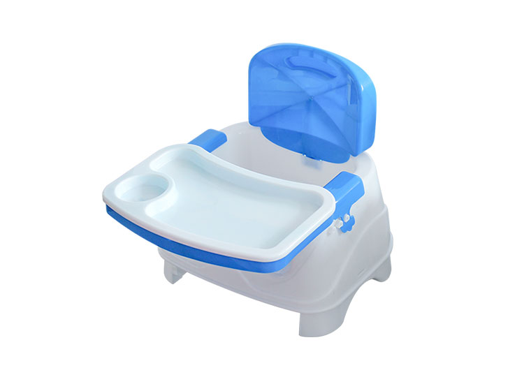 Blue and white plastic baby feeding chair