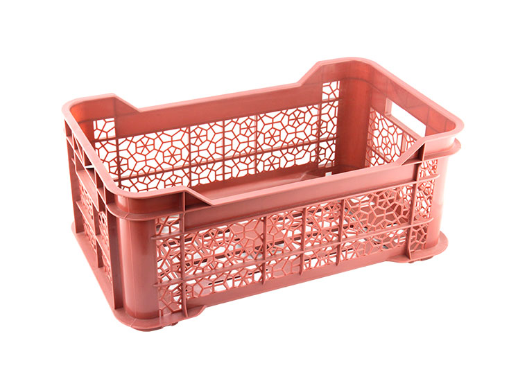 A pink plastic storage basket