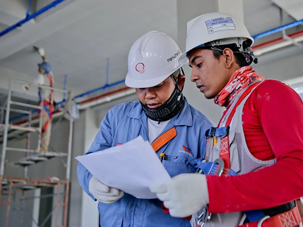 chemical resistant plastic helmets worn by contractors